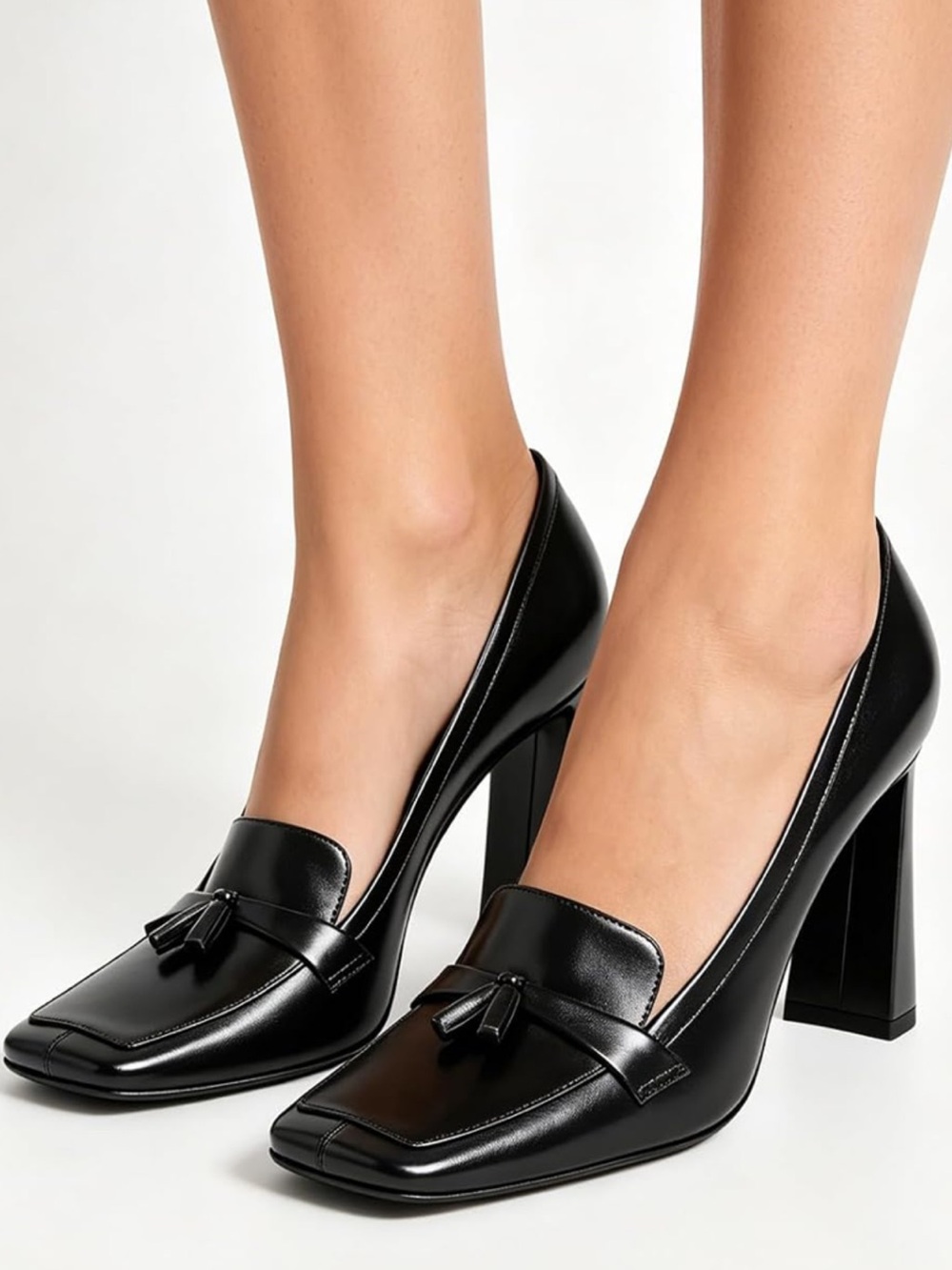 Women's Square Toe Tassel Loafers Chunky Block Heel Pumps Vintage Business Dress